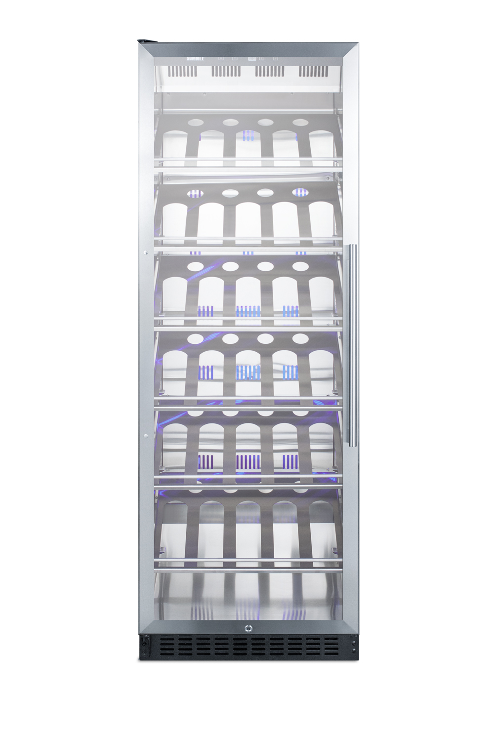 Full-size commercially listed wine cellar with stainless steel interior, champagne shelving, digital controls, self-closing glass door, and black cabinet